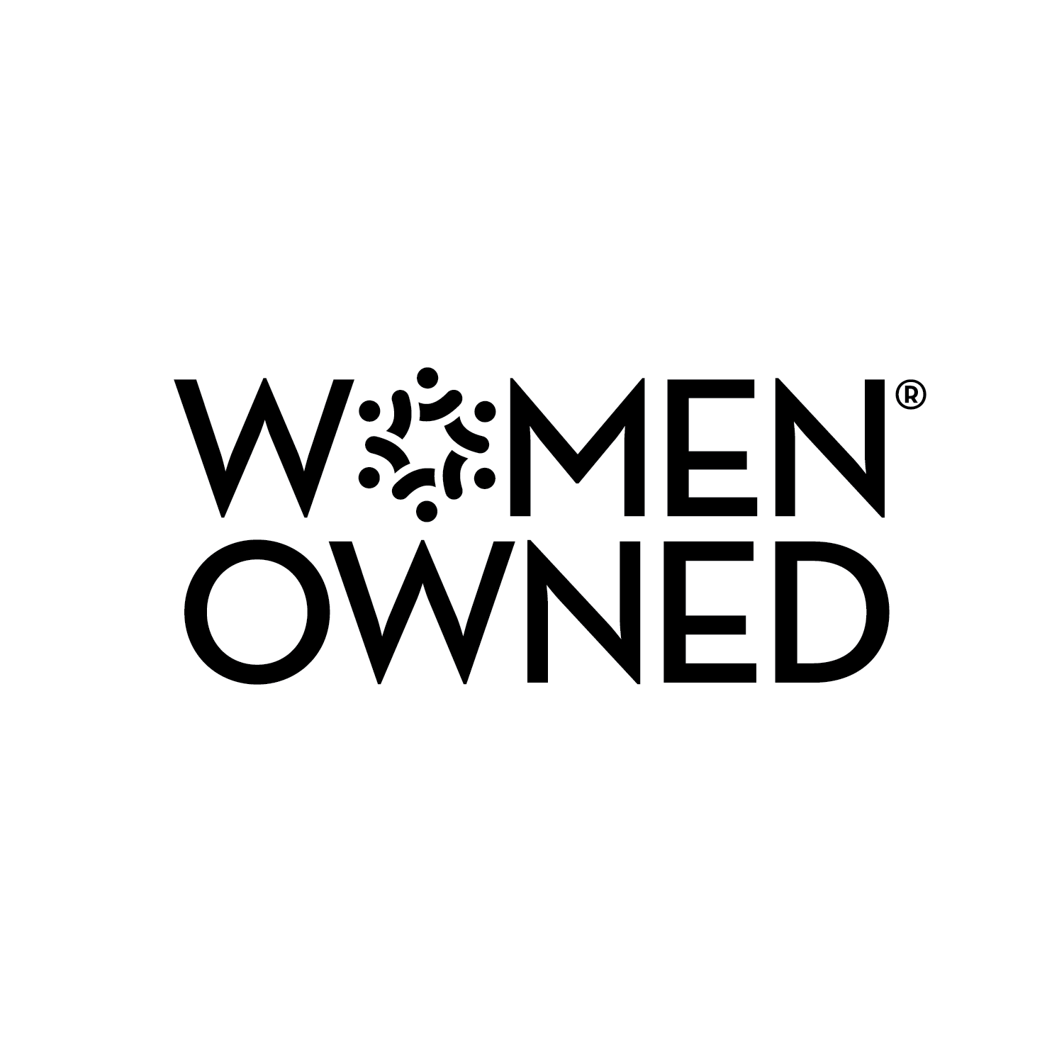 Women Owned Certification Logo. White circle image with black text that says women owned.